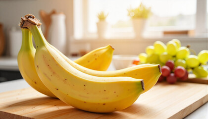 Ripe bananas resting on bamboo cutting board, natural kitchen setting