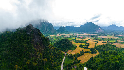 Aerial drone view of Nam Xay viewpoint, highlight panoramic view of Vang Vieng region, Laos, Southeast Asia