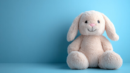 Fototapeta premium Plush bunny toy against a blue background.