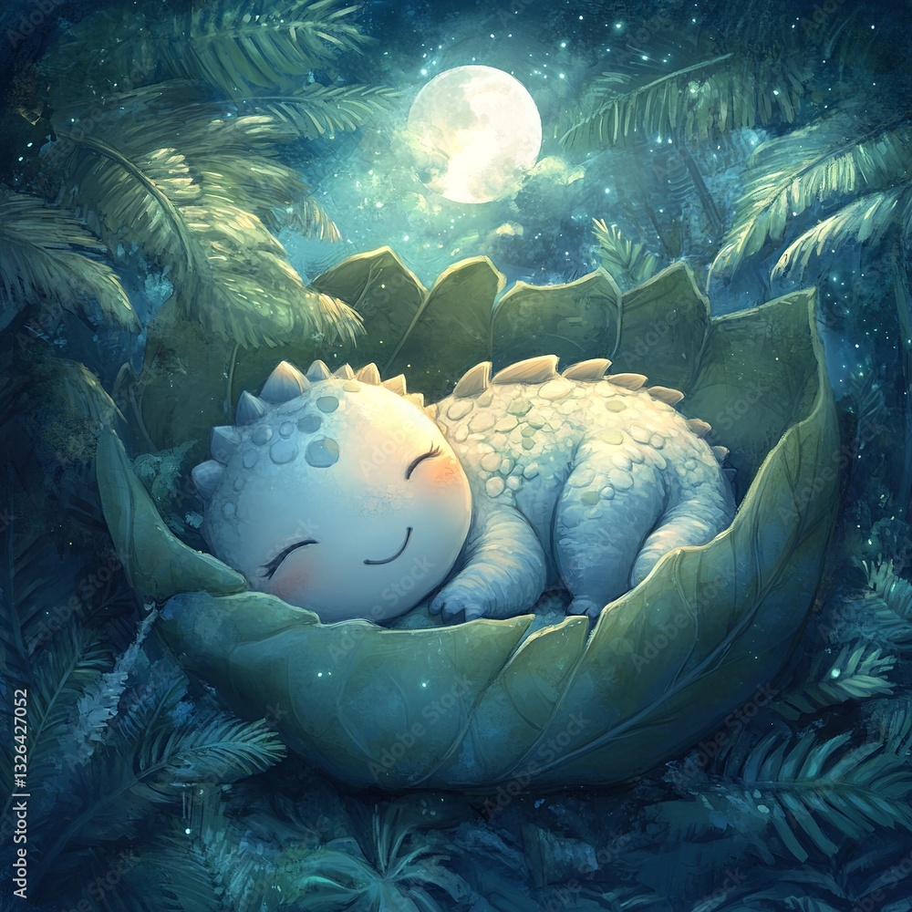 Poster cute dinosaur with big eyes and a friendly smile, sitting happily with tiny arms and a playful expre