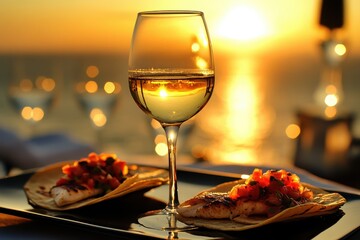 Golden Sunset with Wine Glass and Delicious Seafood Tacos