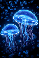Two bioluminescent jellyfish in a dark underwater scene