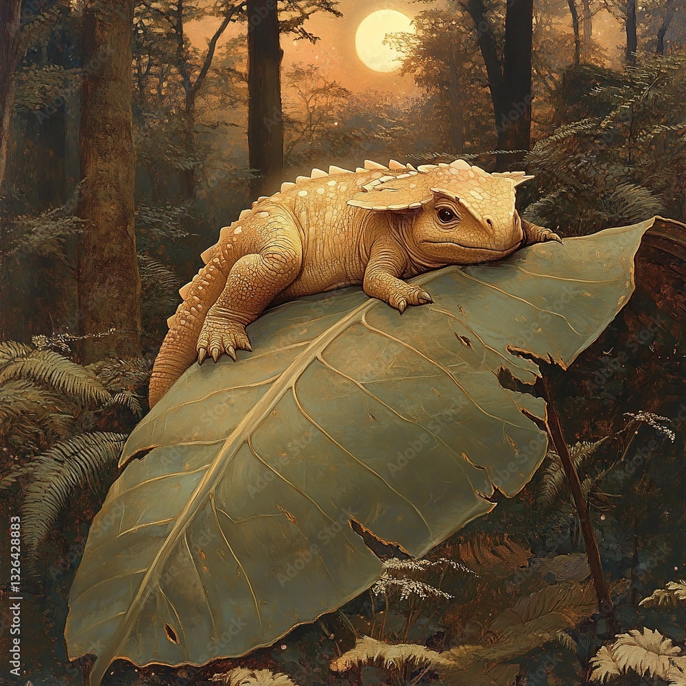 Poster cute dinosaur with big eyes and a friendly smile, sitting happily with tiny arms and a playful expre