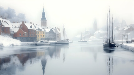 Naklejka premium Snowy Harbor Cityscape