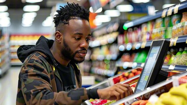 Black man with a short beard using a self-checkout machine SCO in a supermarket, carefully scanning items. Concept of modern shopping and independent consumer experience at POS, contactless payment