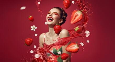 Fototapeta premium Woman enjoying strawberries with splashes of juice on a vibrant red background during a lively summer celebration