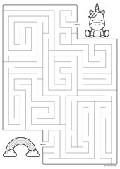 Vector black line printable maze. Format A4. Coloring book educational maze with little unicorn looking for a rainbow. Size portrait.