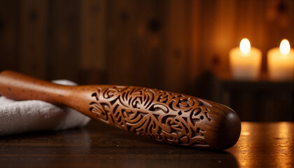 Intricately carved wooden massage stick resting on polished table, relaxation