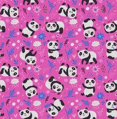 patron Pandas tiernos con flores sobre fondo fucsia