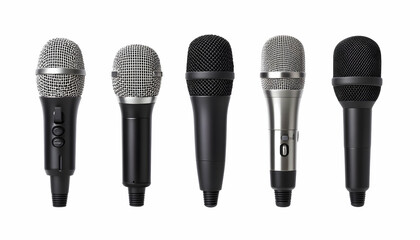 Various microphones displayed in a row against a white background