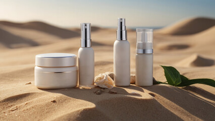 body care, dry skin creams on dry sand background