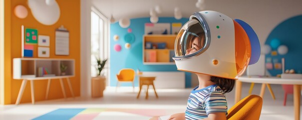 A young child wearing a space helmet in colorful room