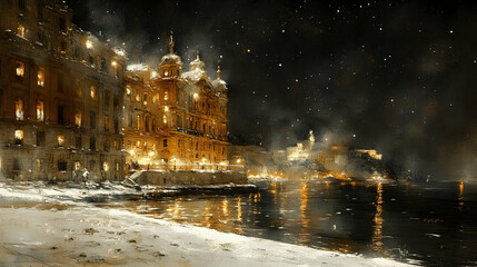Obraz premium Snowy Night Cityscape