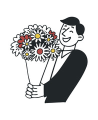Illustration of a Smiling Man Holding a Colorful Flower Bouquet