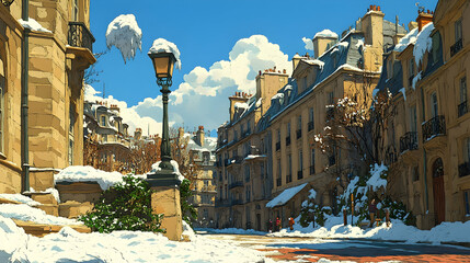 Snowy Parisian street scene
