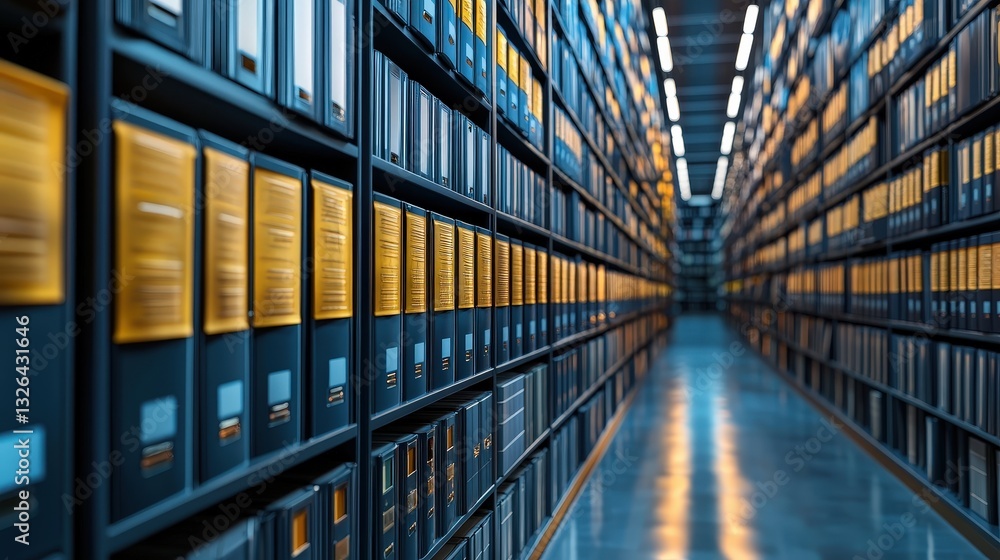 Poster a long hallway lined with shelves of organized files and folders, illuminated by soft lighting, crea