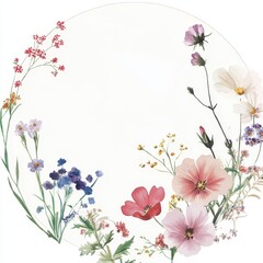 Fototapeta premium This watercolor illustration features a hand-painted wreath border frame filled with summer herbs and meadow flowers on an isolated white background