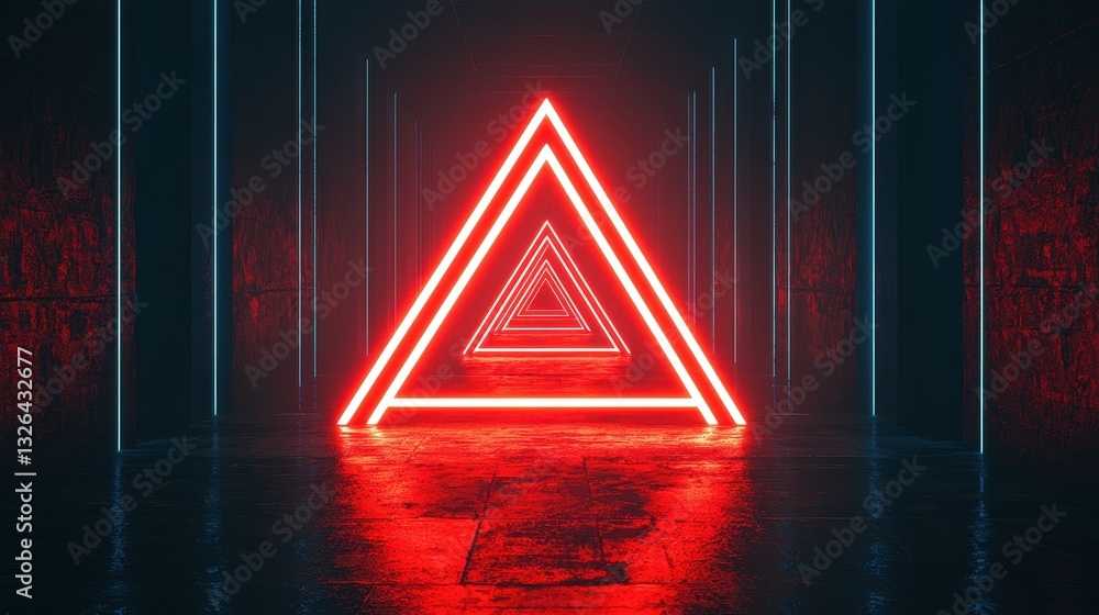 Poster neon red triangle in dark corridor with glowing lines and reflections