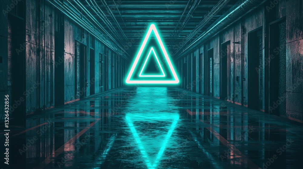 Poster neon triangular shape in dark industrial corridor with reflection
