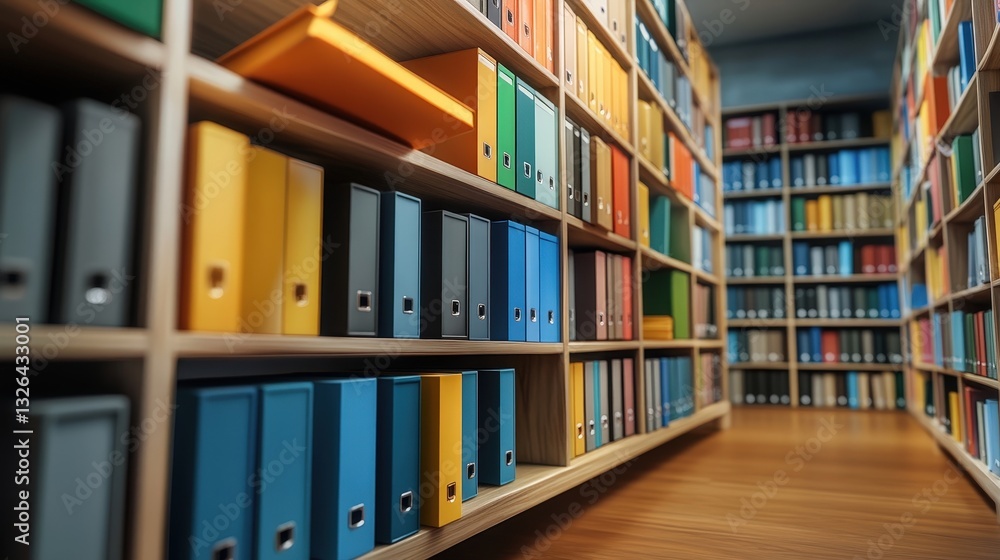 Poster a vibrant library aisle filled with colorful file folders, creating an organized and inviting atmosp