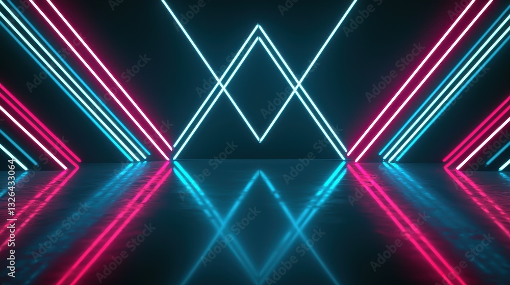 Poster neon lights reflection in dark space with colorful stripes and patterns