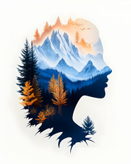 Obraz premium Woman's profile silhouette, layered with a mountain and forest landscape