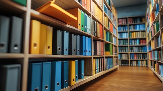 A vibrant library aisle filled with colorful file folders, creating an organized and inviting atmosphere for study and research.