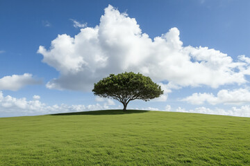 Tree on a Green Hill Under a Cloudy Sky