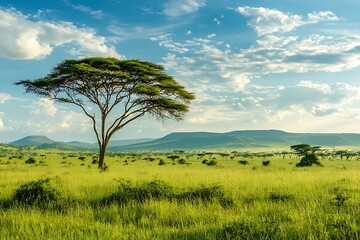 fresh african savanna depicts rejuvenation and fullness of nature with its vivid plains prospering greenery and ageless beauty displaying life’s cycles in this lush wilderness  
