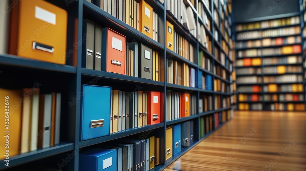 Poster a colorful collection of folders and books on shelves in a well-organized library, showcasing a mode