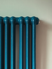 Blue vintage radiator in a minimalist home interior setting.