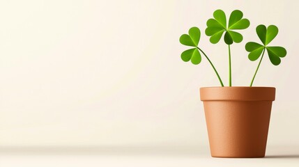 Three Leaf Clovers in Terracotta Pot Symbolizing Luck and Irish Culture on Cream Backdrop Design