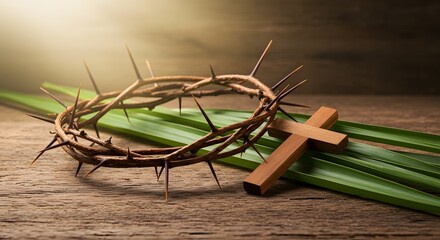 a crown of thorns, a wooden cross, and intertwined palm leaves, representing the journey from Palm Sunday to Easter Day