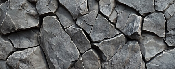 Close-up of textured granite stone wall with stacked blocks and a rugged surface. Natural grey pattern ideal for construction, architecture, and interior design backdrops.