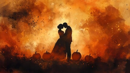 Deep Orange Mist with Couple Silhouette and Pumpkin in Burnt Amber Glow,  Watercolor Illustration Design
