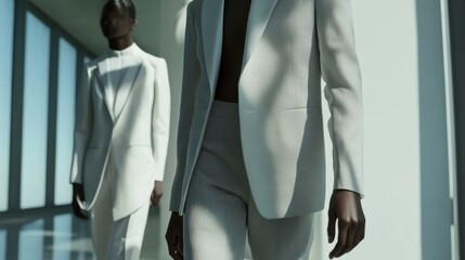 Stylish models in sleek white suits.