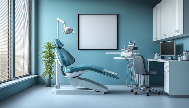 White blank poster mockup by a window in a dentist's office, featuring a natural room decor in soft blue hues with daylight illumination.