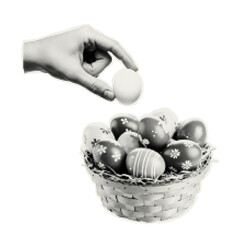 Vector hand and easter basket with eggs. Trendy retro element with a halftone effect for collage, poster, banner, cover design.