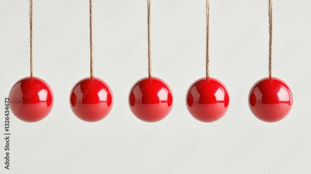 Poster five red balls hanging on strings against a light background