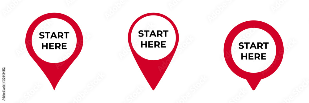 Poster three red location pins display the words start here inside each circle, indicating starting points.