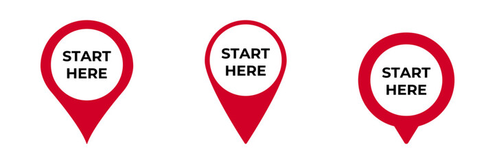 Three red location pins display the words start here inside each circle, indicating starting points.