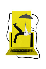 Vertical sketch 3d artwork collage poster of astonished dandy man fly umbrella ray laptop modern technology addiction cyberspace