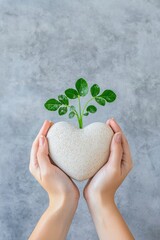 Hands holding a heart-shaped rock with a tree sprouting from it