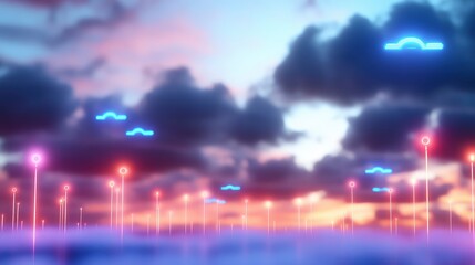 Fototapeta premium Abstract sunset landscape with glowing neon lights and clouds.
