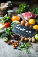 products around and foodmap sign. Selective focus.