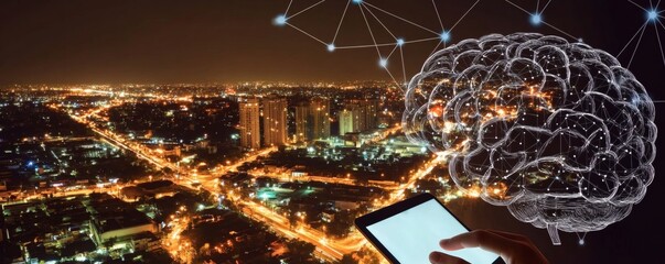 A digital brain concept overlaid on a city at nighttime