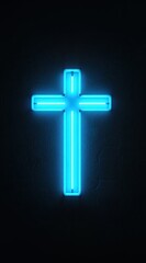 Fototapeta premium A glowing Blue Neon Cross on a Black Background