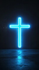 A glowing Blue Neon Cross on a Black Background