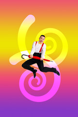 Exclusive image vertical photo collage of excited showman hold umbrella jump rock roll concert neon...