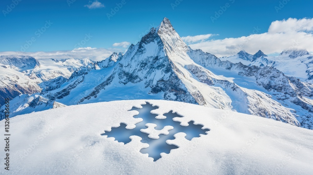 Poster a mountain range where the peaks resemble puzzle patterns